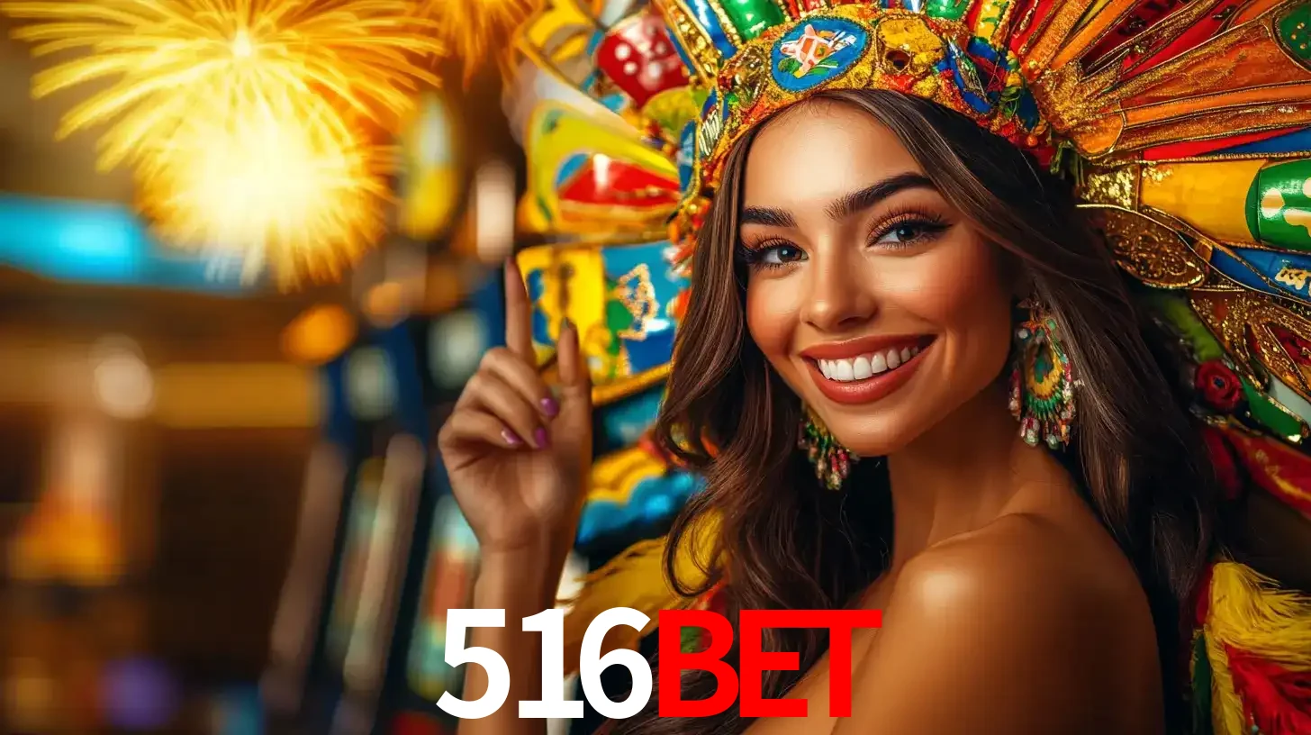 Mulher sorridente com um cocar de carnaval vibrante e colorido, celebrando uma grande vitória nos jogos do cassino 516BET com fogos de artifício ao fundo.