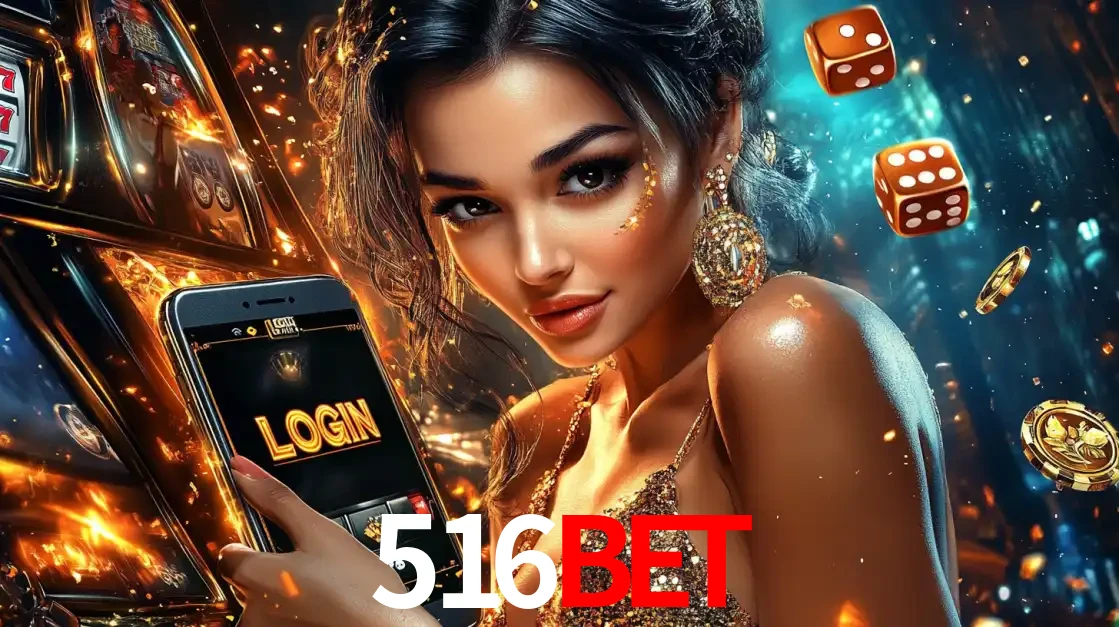 Mulher glamourosa segurando um celular com a tela de login do cassino 516BET, rodeada por dados e moedas douradas, pronta para começar a diversão.