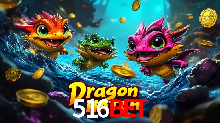 Arte promocional do jogo Dragon Hatch com três adoráveis dragões bebês nadando entre moedas de ouro, um dos slots mais divertidos para jogar no cassino 516BET.