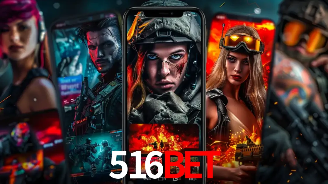 Montagem de telas de celular mostrando diversos personagens, masculinos e femininos, de um jogo de tiro, ilustrando a diversidade de equipes de e-sports para apostar no 516BET.
