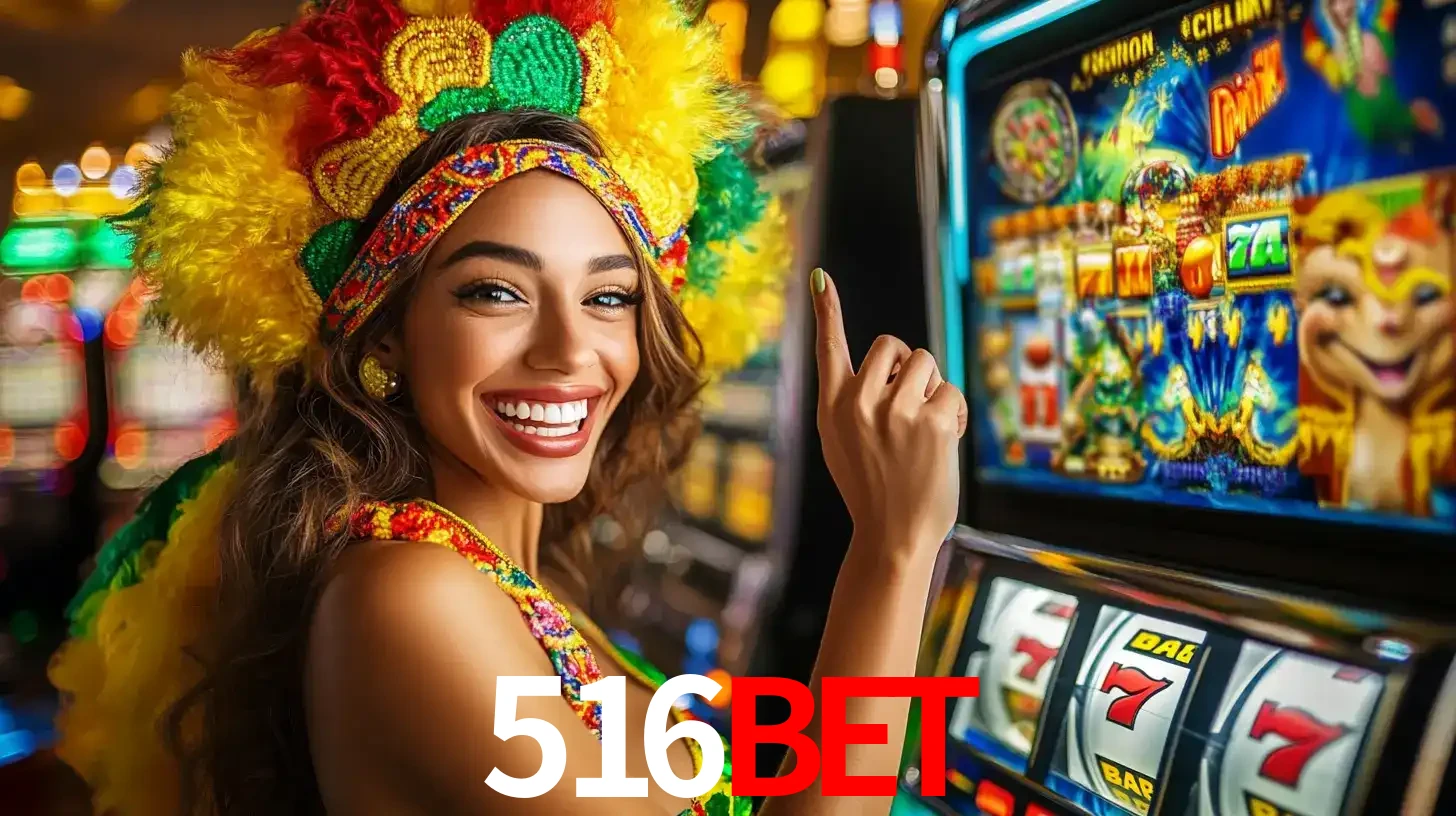 Mulher animada com um cocar de carnaval apontando para uma máquina de caça-níqueis, mostrando a emoção de ganhar um grande prêmio nos jogos do 516BET.