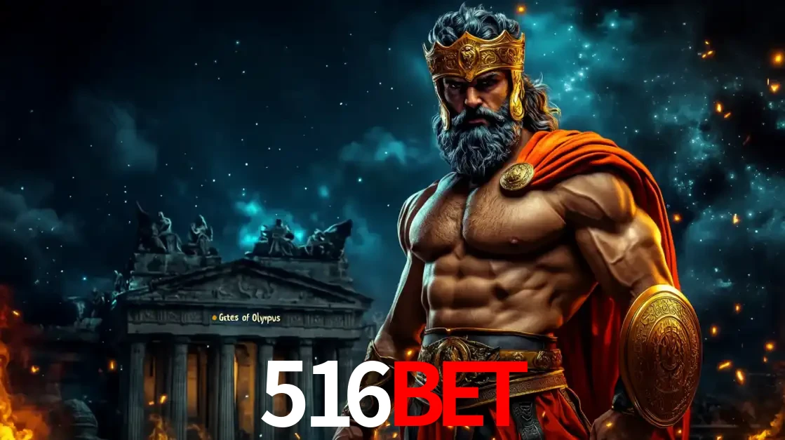 O poderoso Zeus do jogo de slot Gates of Olympus em frente ao seu templo, pronto para lançar multiplicadores divinos e prêmios épicos no cassino online 516BET.