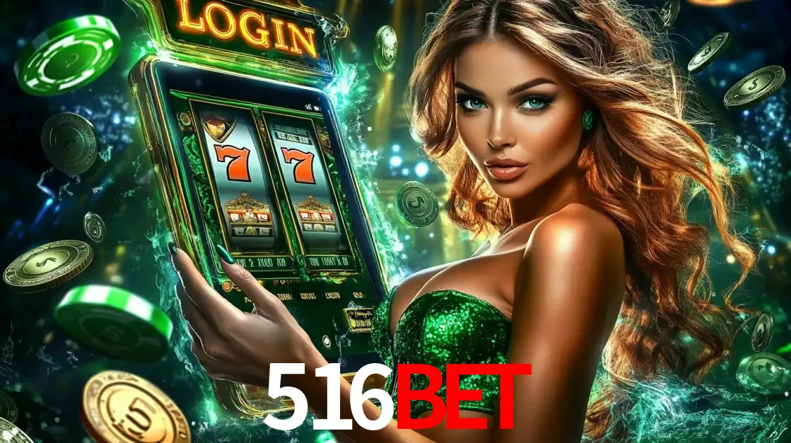 Mulher com tema verde apresentando o aplicativo do cassino 516BET com um jogo de slot de 777, cercada por fichas de cassino e uma aura de sorte.