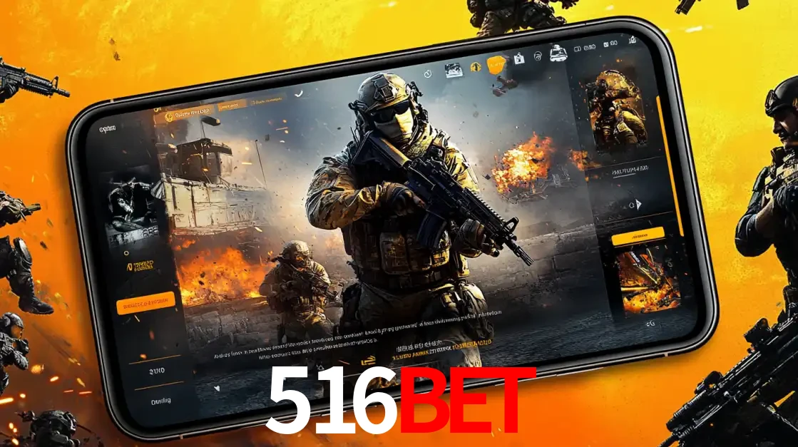Um smartphone exibindo a interface de um jogo de tiro em primeira pessoa, com um soldado em um cenário de batalha, representando a ação dos e-sports para apostar no 516BET.