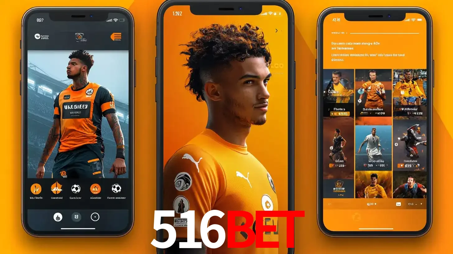 Interface do aplicativo de apostas esportivas 516BET em três telas de celular, mostrando o perfil de um jogador de futebol e a lista de jogos disponíveis para apostar.