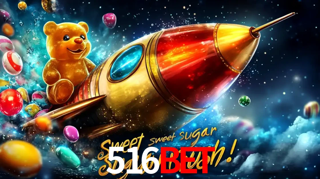 Arte promocional do jogo de slot Sugar Rush, com um urso de pelúcia em um foguete viajando pelo espaço de doces, um dos jogos divertidos disponíveis no cassino 516BET.