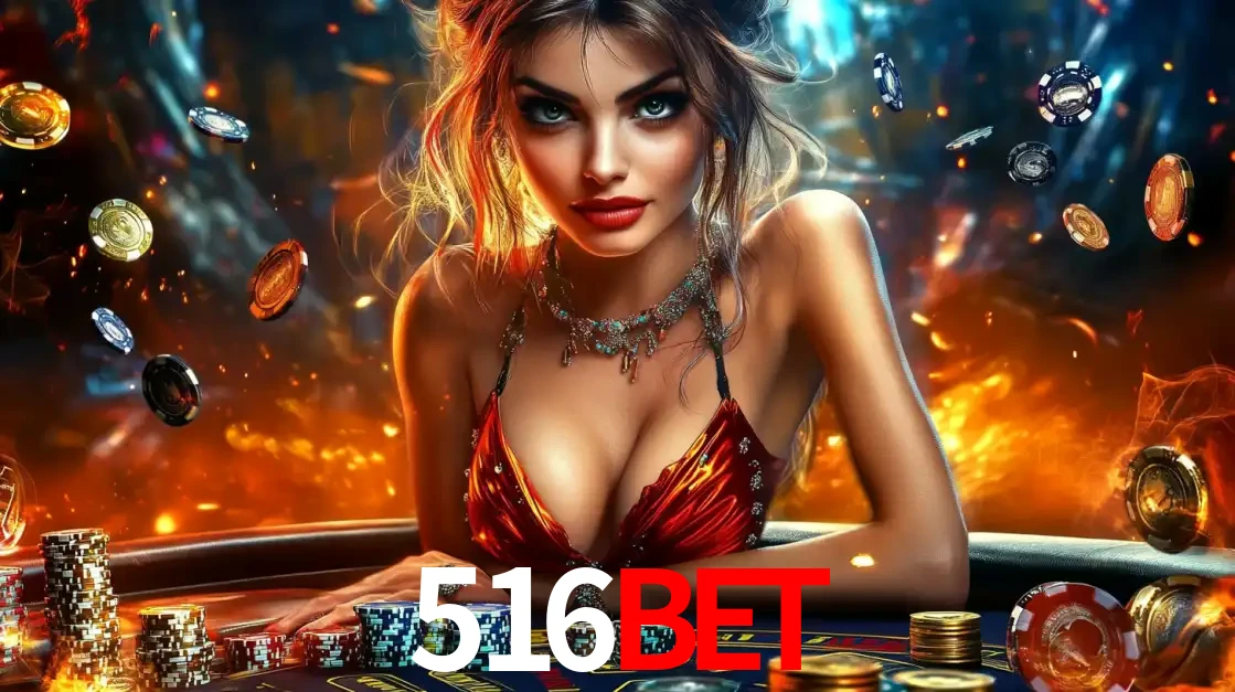 Mulher em uma mesa de cassino com pilhas de fichas e um fundo de fogo, pronta para uma rodada de altas apostas nos jogos de mesa emocionantes do cassino 516BET.