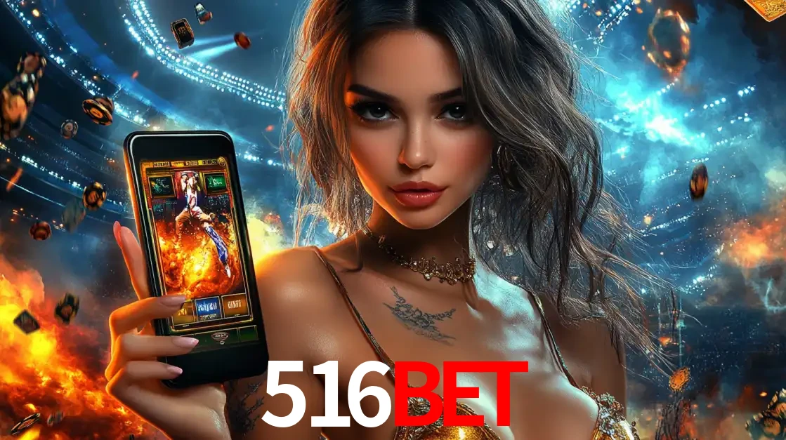 Mulher segurando um celular com um jogo de slot em destaque, tendo como fundo um estádio vibrante, simbolizando a emoção de jogar no cassino móvel 516BET.