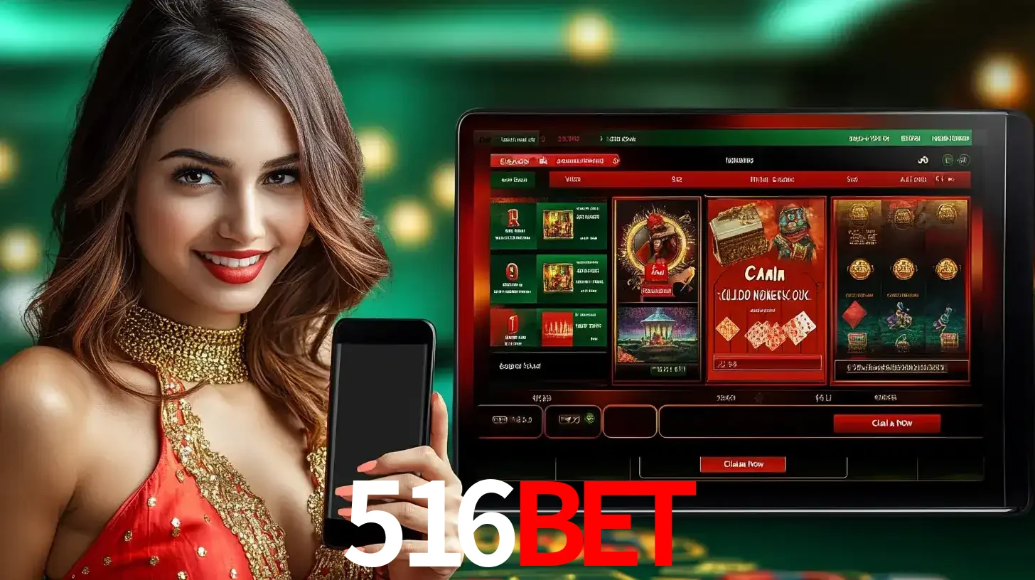 Mulher sorridente segurando um smartphone, ao lado de uma tela exibindo o lobby de jogos do cassino online 516BET, com várias opções de jogos de cartas e slots.